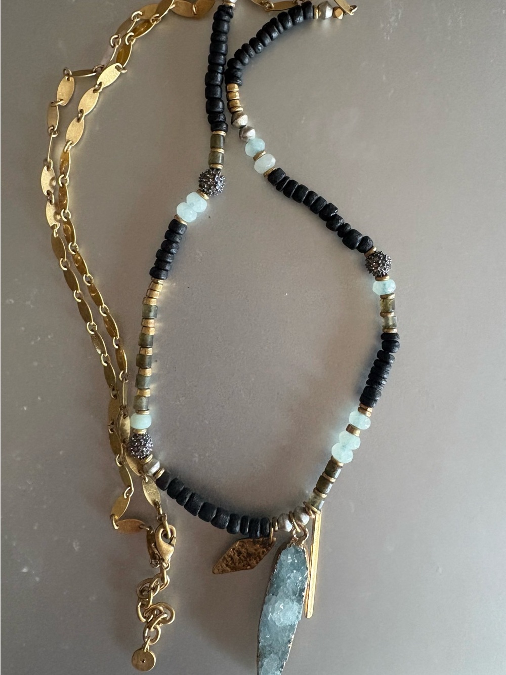 Gold and Black Beaded Necklace with Aquamarine Druzy Charm